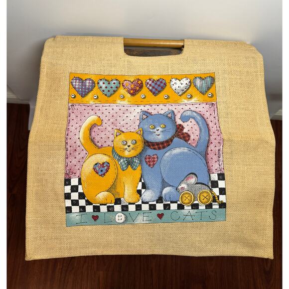 unknown Handbags - Vintage Burlap Tote Bag I Love Cats